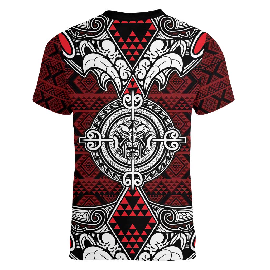 Red Aotearoa Tanilo Motif Women V-Neck T-Shirt Vintage Maori New Zealand Tribal Art Pattern
