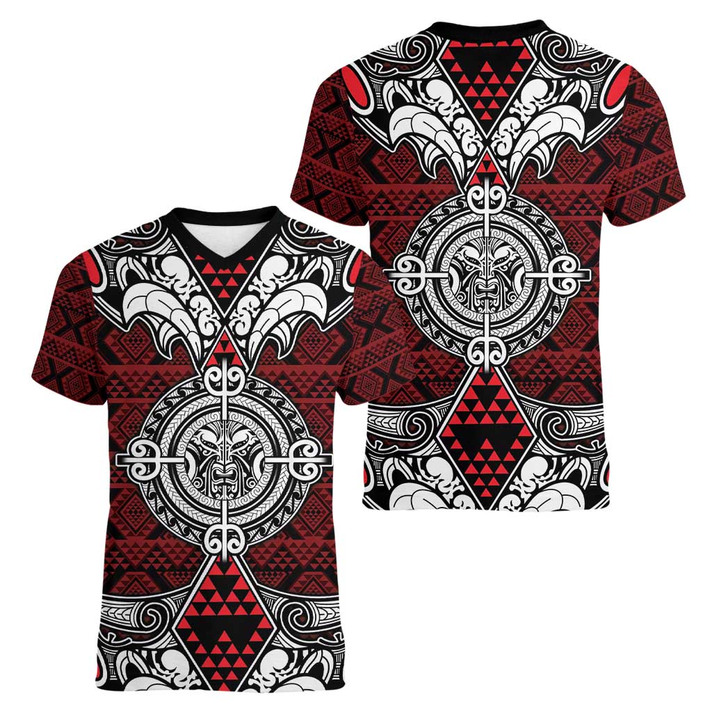 Red Aotearoa Tanilo Motif Women V-Neck T-Shirt Vintage Maori New Zealand Tribal Art Pattern