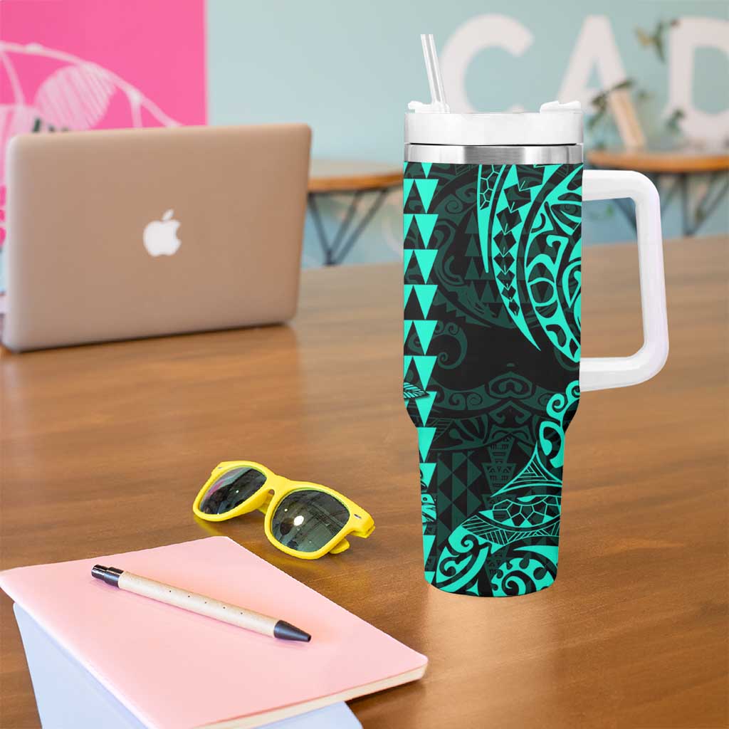 Kakau Polynesian Tribal Hawaiian Turtle Tumbler With Handle with Kanaka Maoli Turquoise
