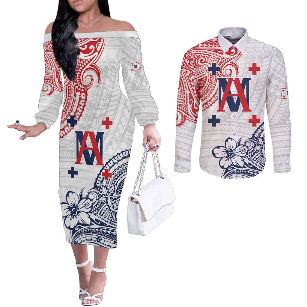 Kingdom of Uvea 1842-1860 Personalized Couples Matching Off The Shoulder Long Sleeve Dress and Long Sleeve Button Shirt Wallis and Futuna Polynesian Tribal Pattern LT9 White - Polynesian Pride