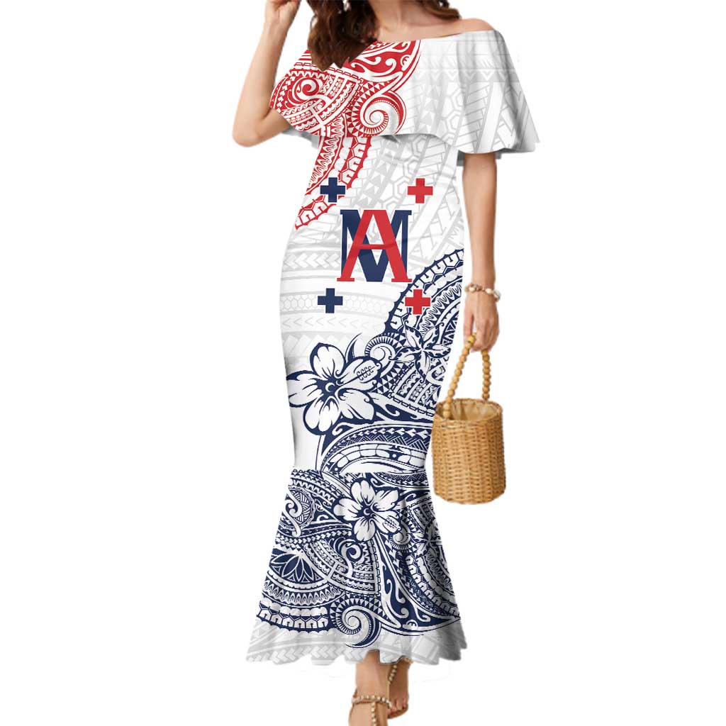 Kingdom of Uvea 1842-1860 Personalized Family Matching Mermaid Dress and Hawaiian Shirt Wallis and Futuna Polynesian Tribal Pattern LT9 Mom's Dress White - Polynesian Pride