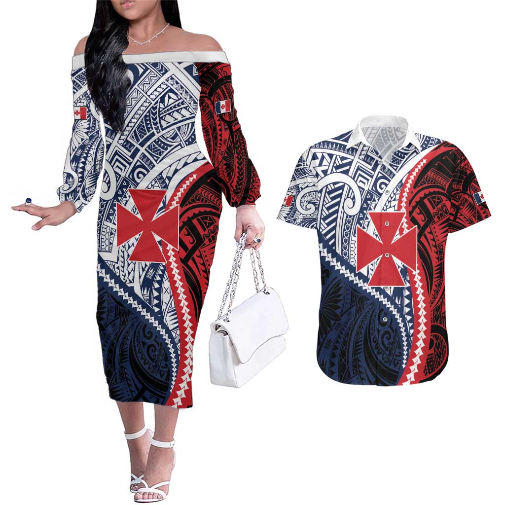 Kingdom of Uvea 1860-1886 Personalized Couples Matching Off The Shoulder Long Sleeve Dress and Hawaiian Shirt Wallis and Futuna Polynesian Tribal Pattern LT9 Red - Polynesian Pride