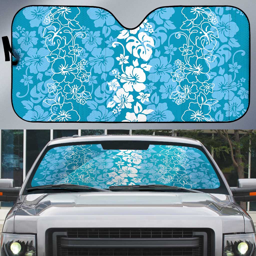 Hawaiian Lei Day Auto Sun Shade Blue Hibiscus Flowers Lei Art LT9 Blue - Polynesian Pride