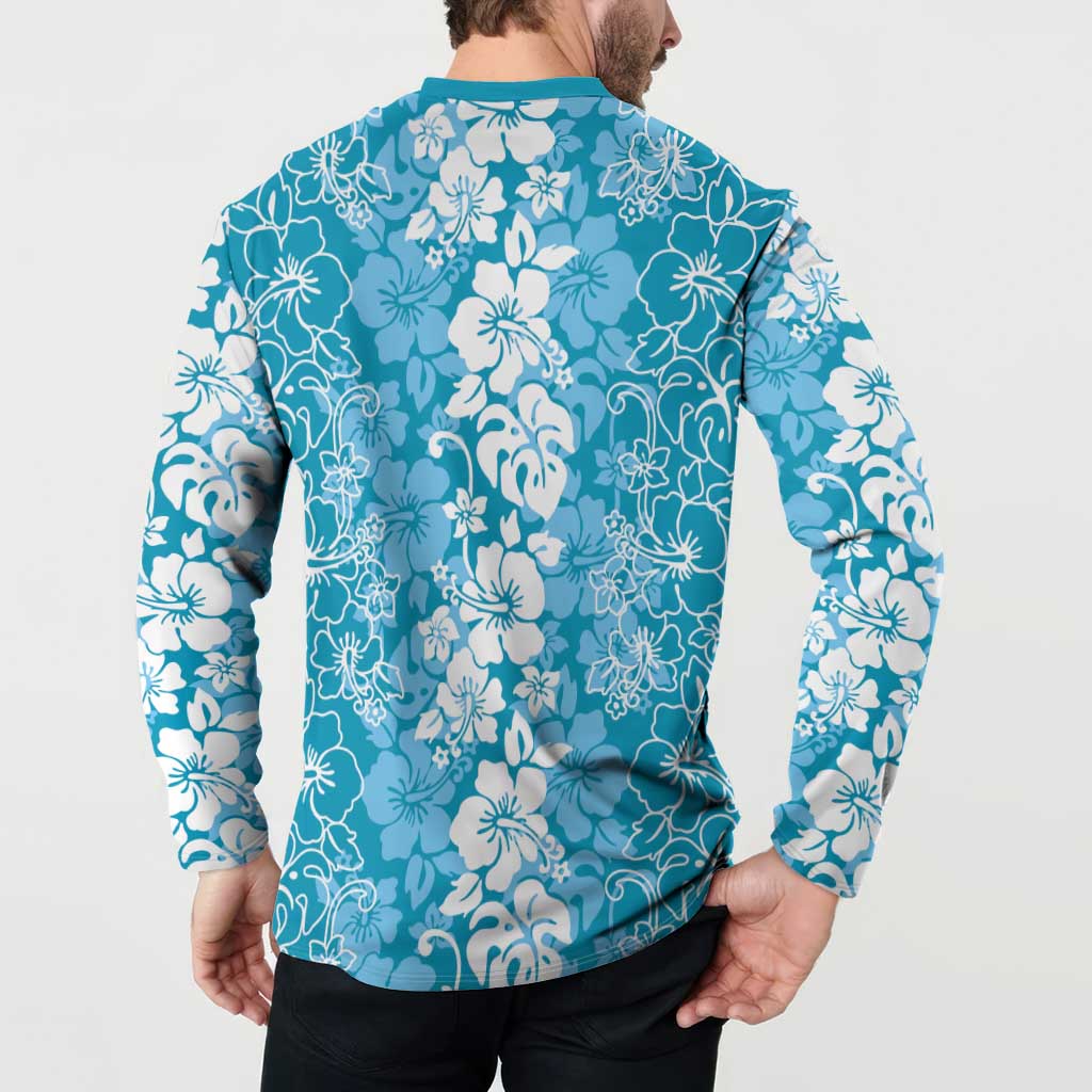 Hawaiian Lei Day Button Sweatshirt Blue Hibiscus Flowers Lei Art