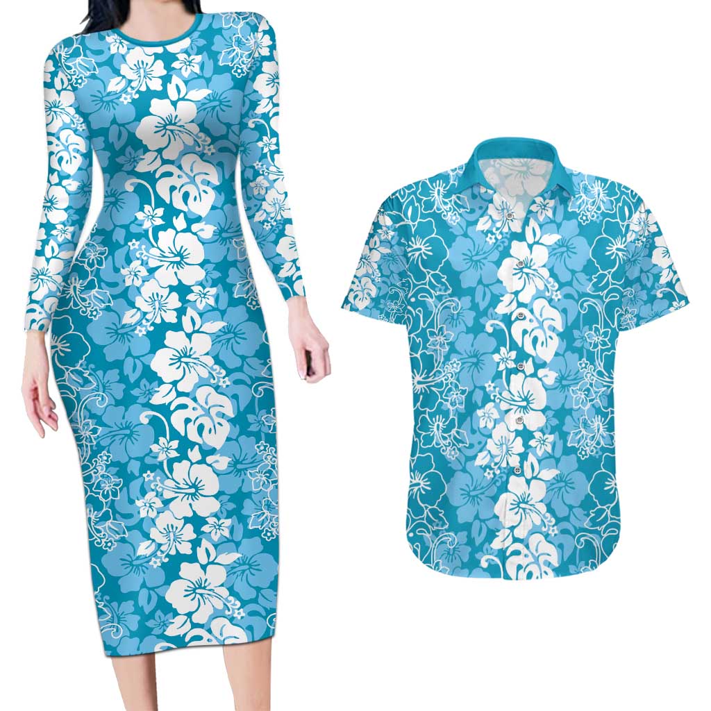 Hawaiian Lei Day Couples Matching Long Sleeve Bodycon Dress and Hawaiian Shirt Blue Hibiscus Flowers Lei Art LT9 Blue - Polynesian Pride