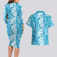 Hawaiian Lei Day Couples Matching Long Sleeve Bodycon Dress and Hawaiian Shirt Blue Hibiscus Flowers Lei Art LT9 - Polynesian Pride