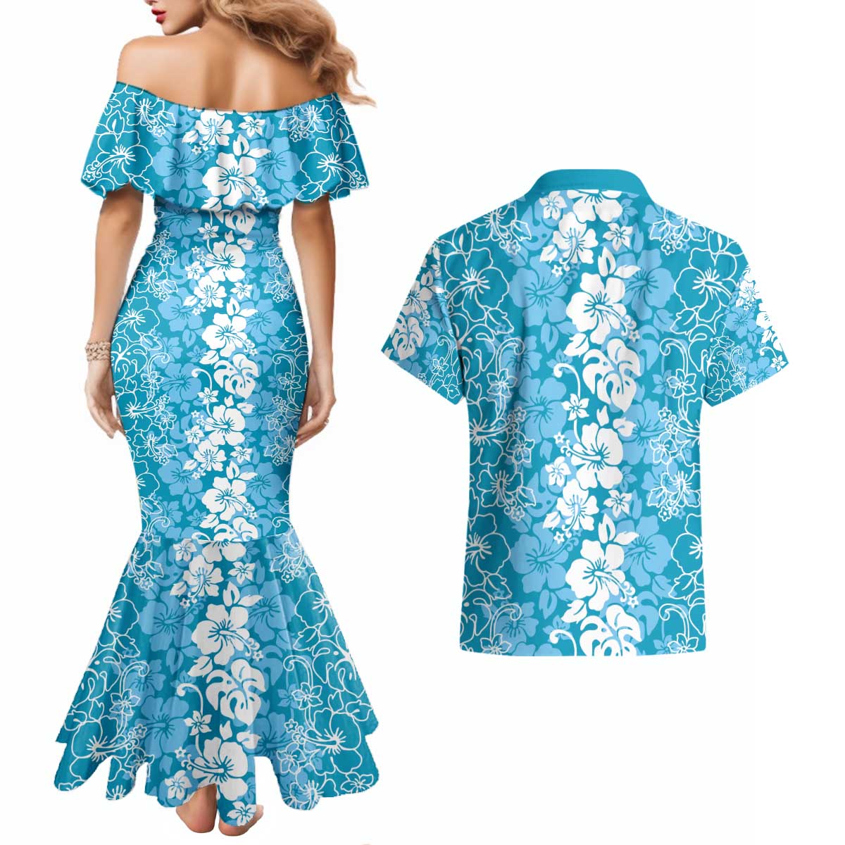 Hawaiian Lei Day Couples Matching Mermaid Dress and Hawaiian Shirt Blue Hibiscus Flowers Lei Art LT9 - Polynesian Pride