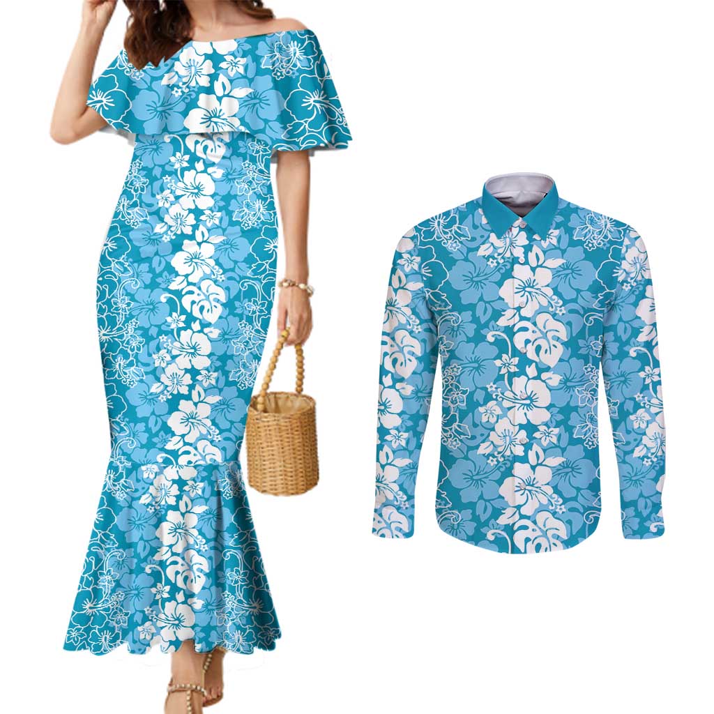 Hawaiian Lei Day Couples Matching Mermaid Dress and Long Sleeve Button Shirt Blue Hibiscus Flowers Lei Art
