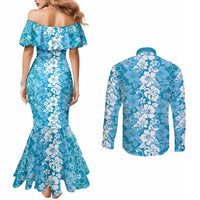 Hawaiian Lei Day Couples Matching Mermaid Dress and Long Sleeve Button Shirt Blue Hibiscus Flowers Lei Art