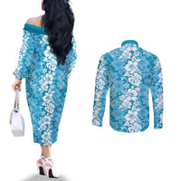 Hawaiian Lei Day Couples Matching Off The Shoulder Long Sleeve Dress and Long Sleeve Button Shirt Blue Hibiscus Flowers Lei Art