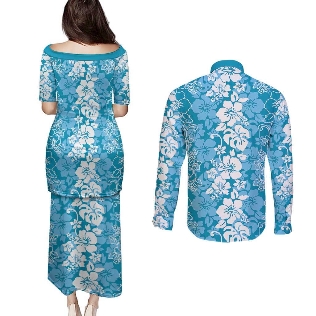 Hawaiian Lei Day Couples Matching Puletasi and Long Sleeve Button Shirt Blue Hibiscus Flowers Lei Art