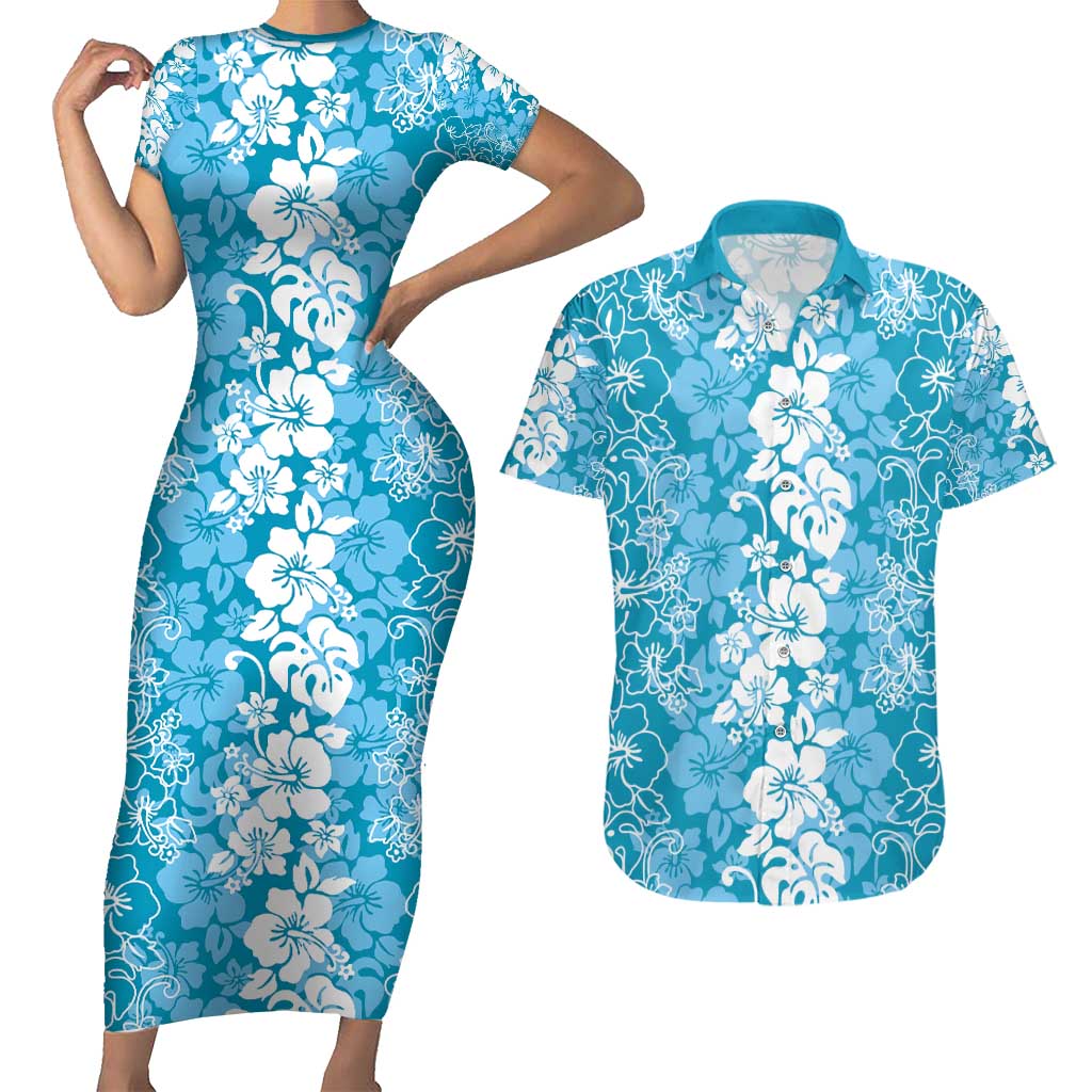 Hawaiian Lei Day Couples Matching Short Sleeve Bodycon Dress and Hawaiian Shirt Blue Hibiscus Flowers Lei Art LT9 Blue - Polynesian Pride