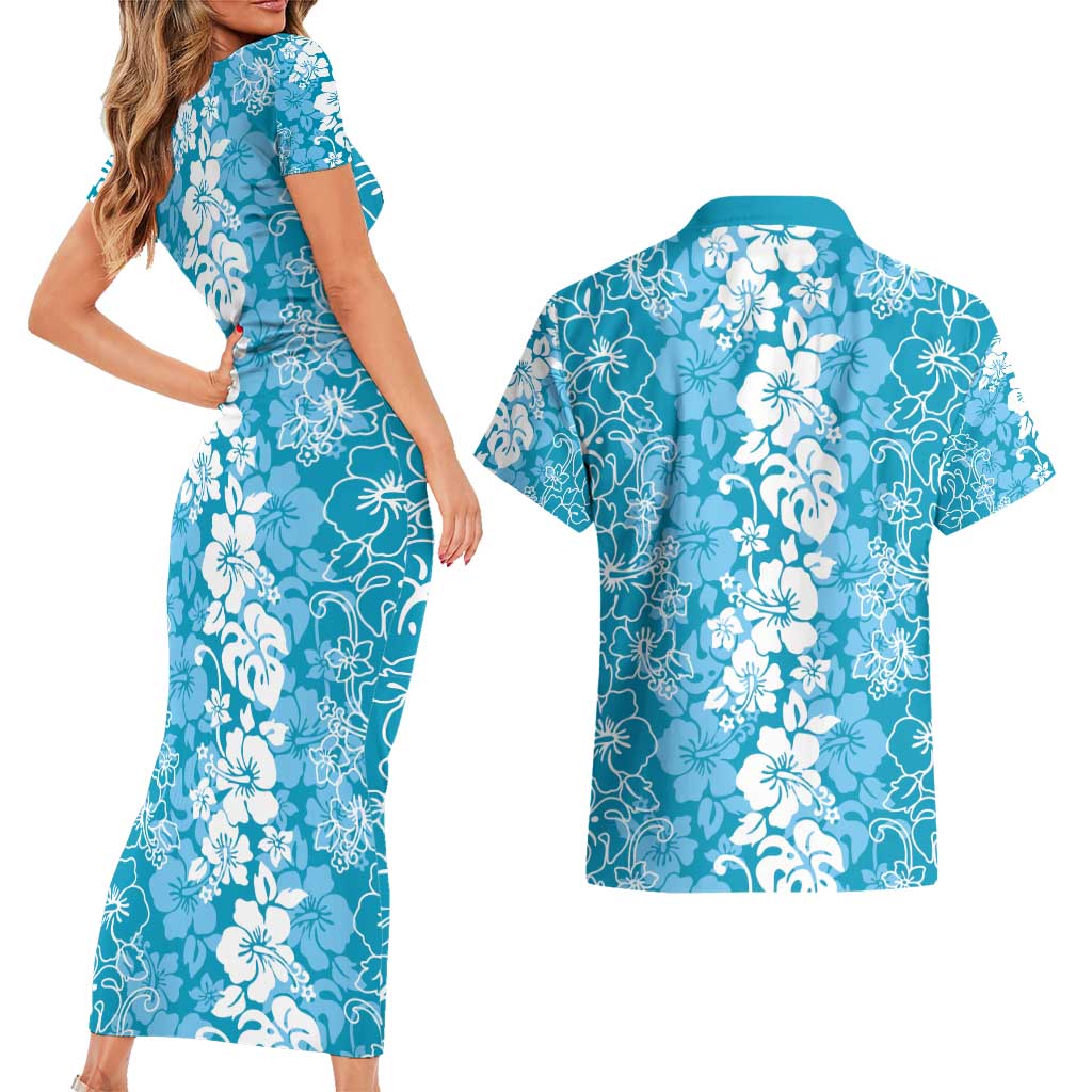 Hawaiian Lei Day Couples Matching Short Sleeve Bodycon Dress and Hawaiian Shirt Blue Hibiscus Flowers Lei Art LT9 - Polynesian Pride