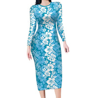 Hawaiian Lei Day Family Matching Long Sleeve Bodycon Dress and Hawaiian Shirt Blue Hibiscus Flowers Lei Art LT9 Mom's Dress Blue - Polynesian Pride