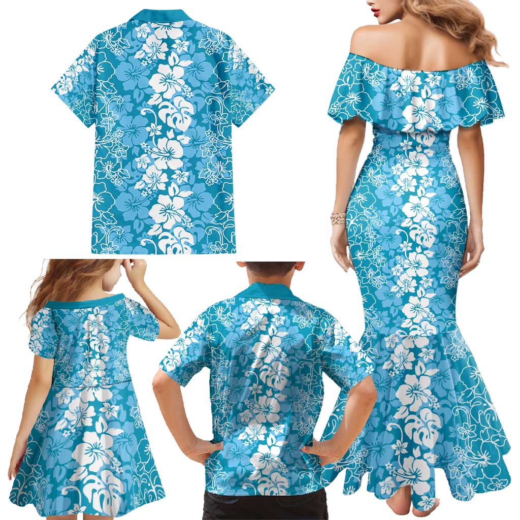 Hawaiian Lei Day Family Matching Mermaid Dress and Hawaiian Shirt Blue Hibiscus Flowers Lei Art LT9 - Polynesian Pride