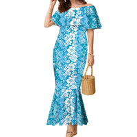 Hawaiian Lei Day Family Matching Mermaid Dress and Hawaiian Shirt Blue Hibiscus Flowers Lei Art LT9 Mom's Dress Blue - Polynesian Pride