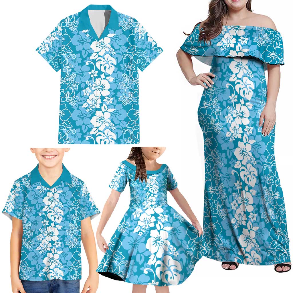 Hawaiian Lei Day Family Matching Off Shoulder Maxi Dress and Hawaiian Shirt Blue Hibiscus Flowers Lei Art LT9 - Polynesian Pride