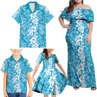Hawaiian Lei Day Family Matching Off Shoulder Maxi Dress and Hawaiian Shirt Blue Hibiscus Flowers Lei Art LT9 - Polynesian Pride