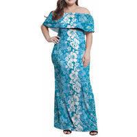 Hawaiian Lei Day Family Matching Off Shoulder Maxi Dress and Hawaiian Shirt Blue Hibiscus Flowers Lei Art LT9 Mom's Dress Blue - Polynesian Pride