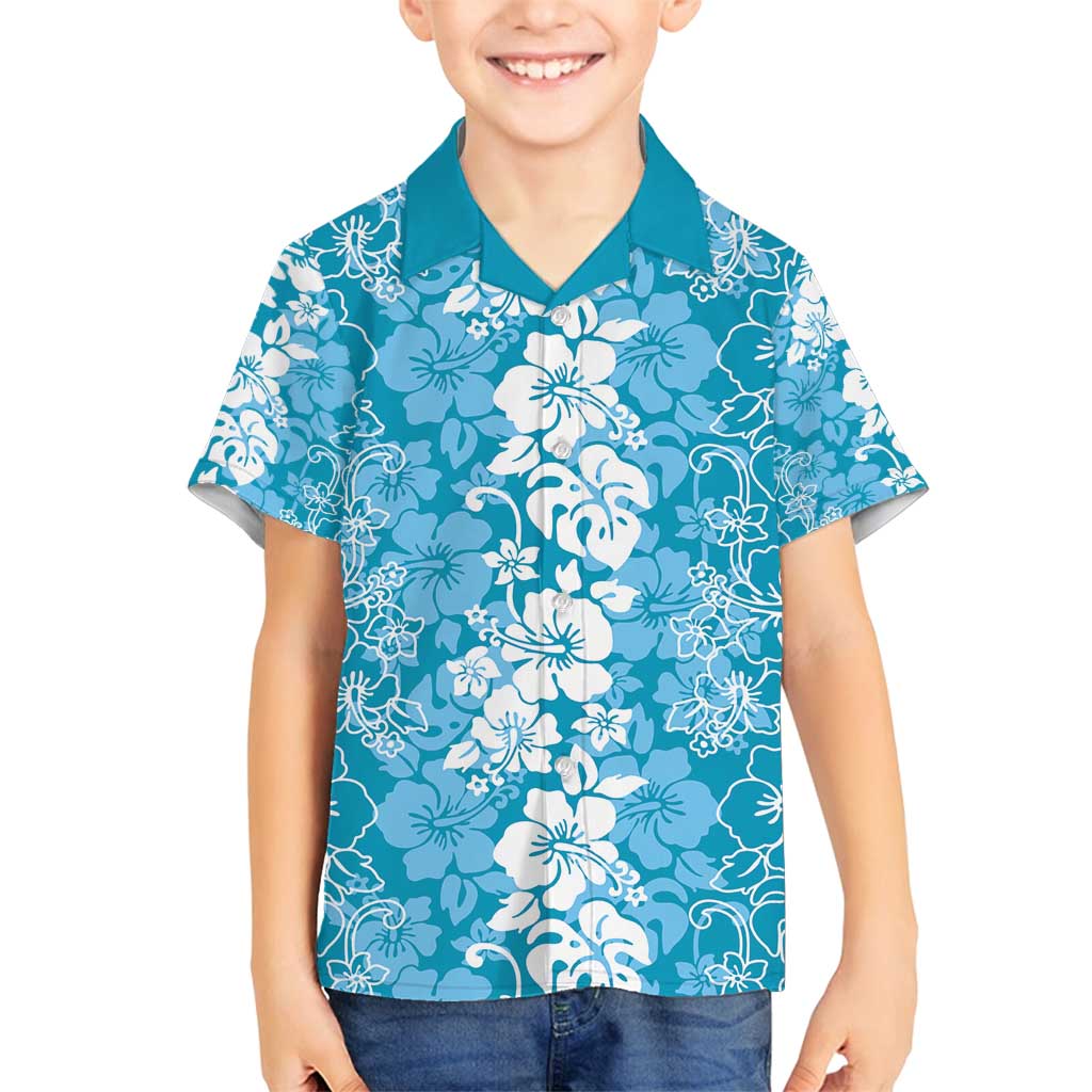 Hawaiian Lei Day Family Matching Off Shoulder Maxi Dress and Hawaiian Shirt Blue Hibiscus Flowers Lei Art LT9 Son's Shirt Blue - Polynesian Pride