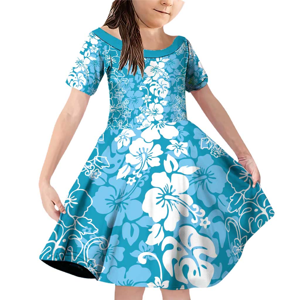 Hawaiian Lei Day Family Matching Off Shoulder Short Dress and Hawaiian Shirt Blue Hibiscus Flowers Lei Art LT9 Daughter's Dress Blue - Polynesian Pride
