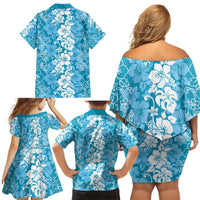 Hawaiian Lei Day Family Matching Off Shoulder Short Dress and Hawaiian Shirt Blue Hibiscus Flowers Lei Art LT9 - Polynesian Pride