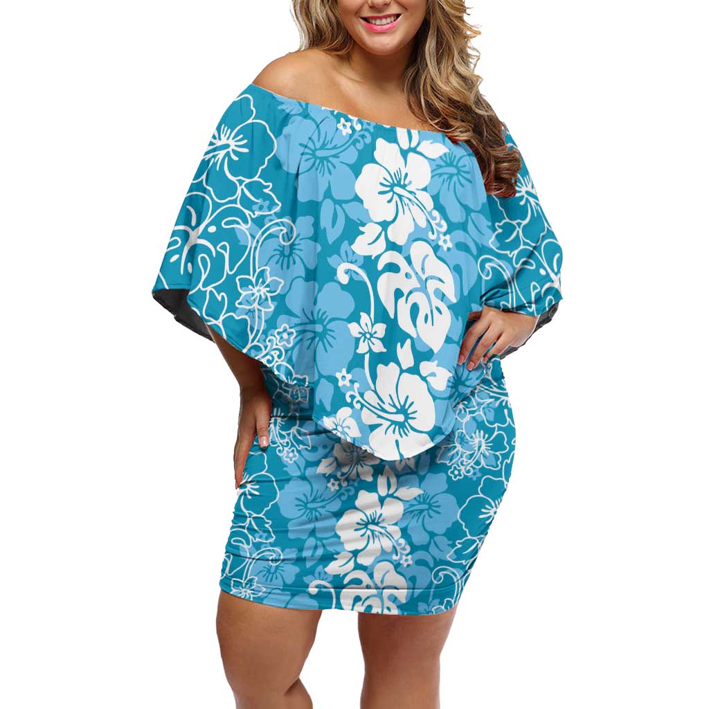 Hawaiian Lei Day Family Matching Off Shoulder Short Dress and Hawaiian Shirt Blue Hibiscus Flowers Lei Art LT9 Mom's Dress Blue - Polynesian Pride