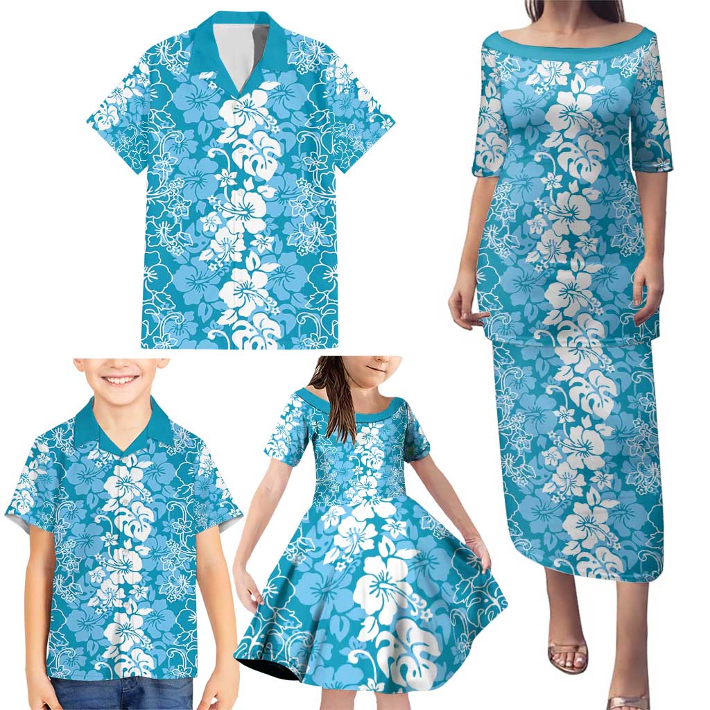 Hawaiian Lei Day Family Matching Puletasi and Hawaiian Shirt Blue Hibiscus Flowers Lei Art LT9 - Polynesian Pride