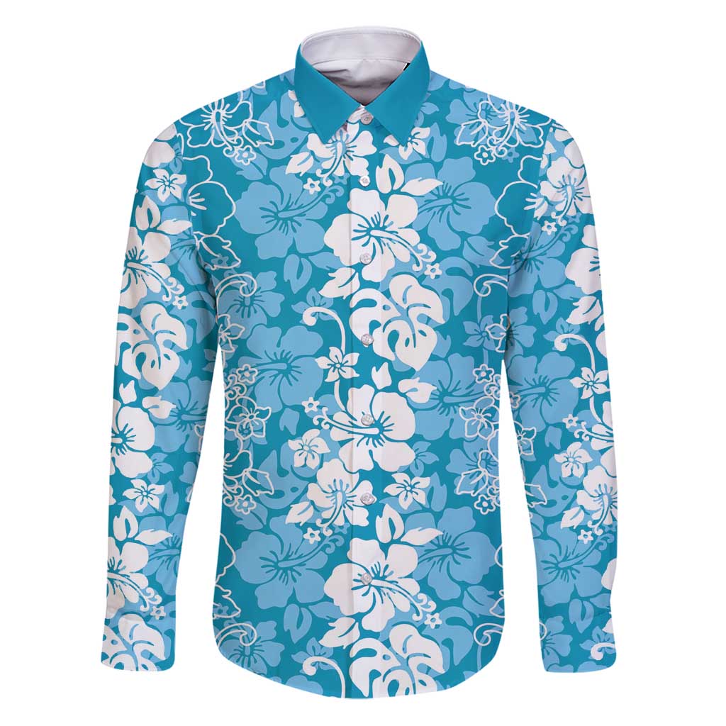 Hawaiian Lei Day Family Matching Puletasi and Hawaiian Shirt Blue Hibiscus Flowers Lei Art LT9 Dad's Shirt - Long Sleeve Blue - Polynesian Pride