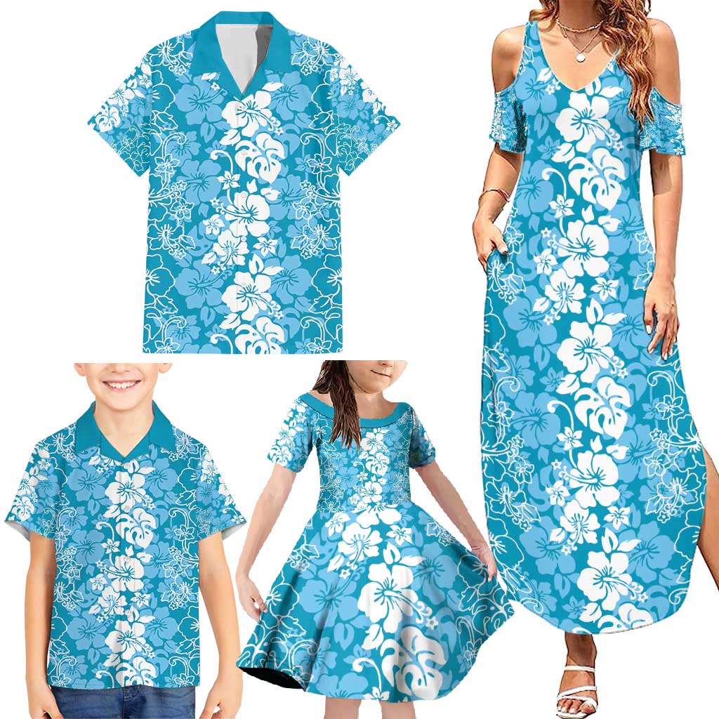Hawaiian Lei Day Family Matching Summer Maxi Dress and Hawaiian Shirt Blue Hibiscus Flowers Lei Art LT9 - Polynesian Pride