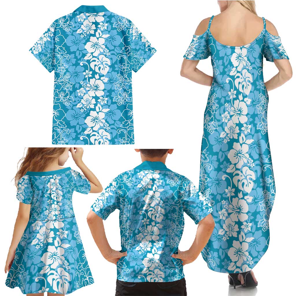 Hawaiian Lei Day Family Matching Summer Maxi Dress and Hawaiian Shirt Blue Hibiscus Flowers Lei Art LT9 - Polynesian Pride
