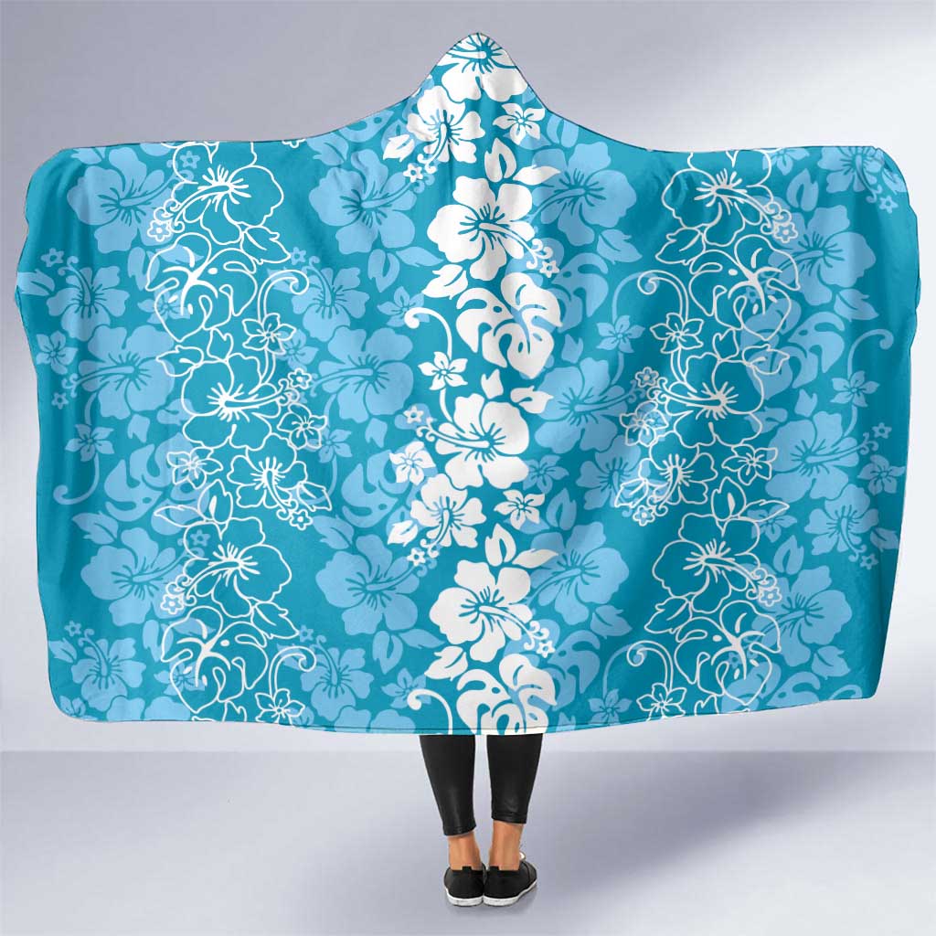 Hawaiian Lei Day Hooded Blanket Blue Hibiscus Flowers Lei Art LT9 One Size Blue - Polynesian Pride