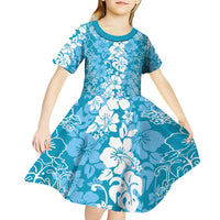 Hawaiian Lei Day Kid Short Sleeve Dress Blue Hibiscus Flowers Lei Art