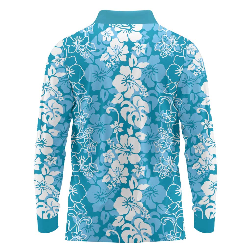 Hawaiian Lei Day Long Sleeve Polo Shirt Blue Hibiscus Flowers Lei Art