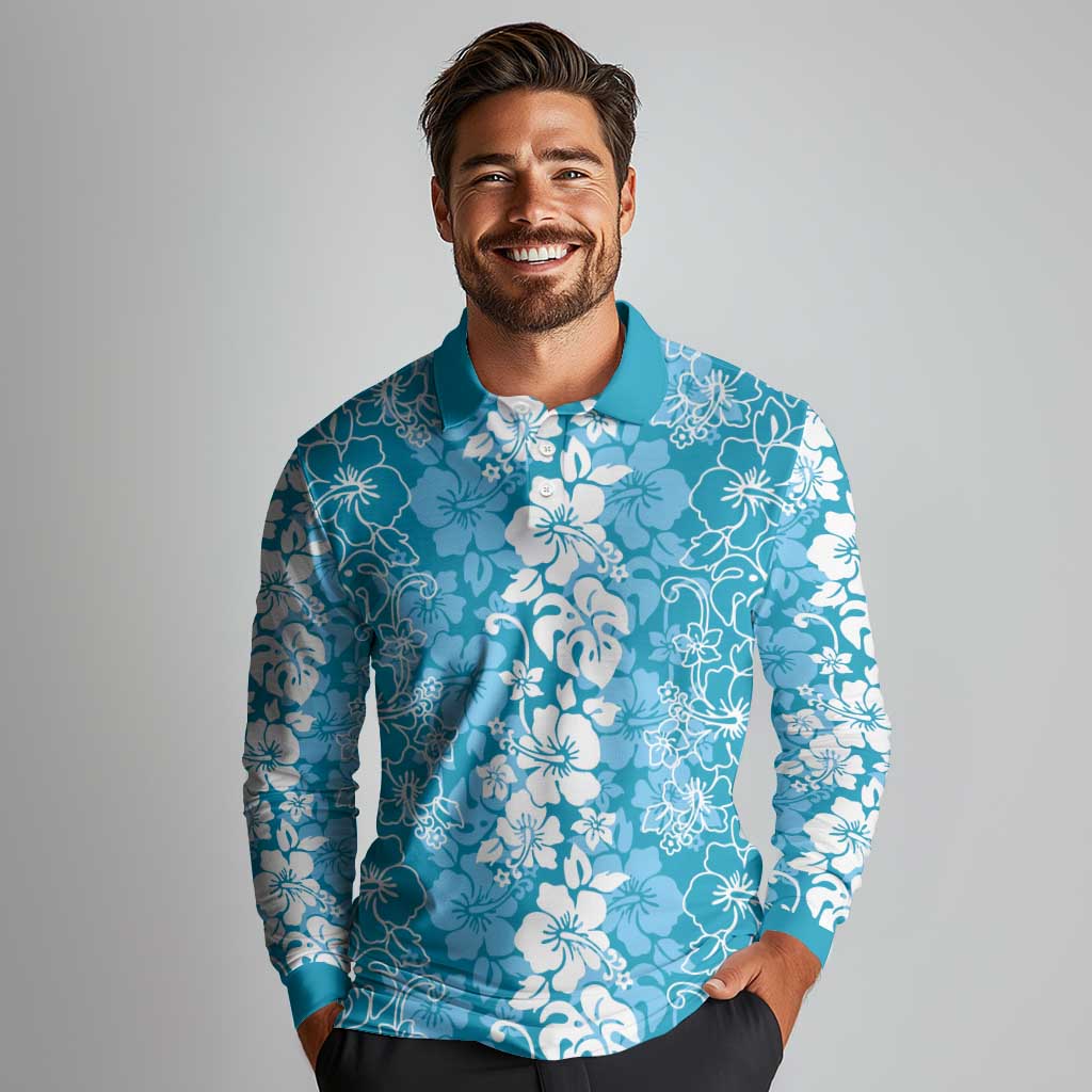 Hawaiian Lei Day Long Sleeve Polo Shirt Blue Hibiscus Flowers Lei Art