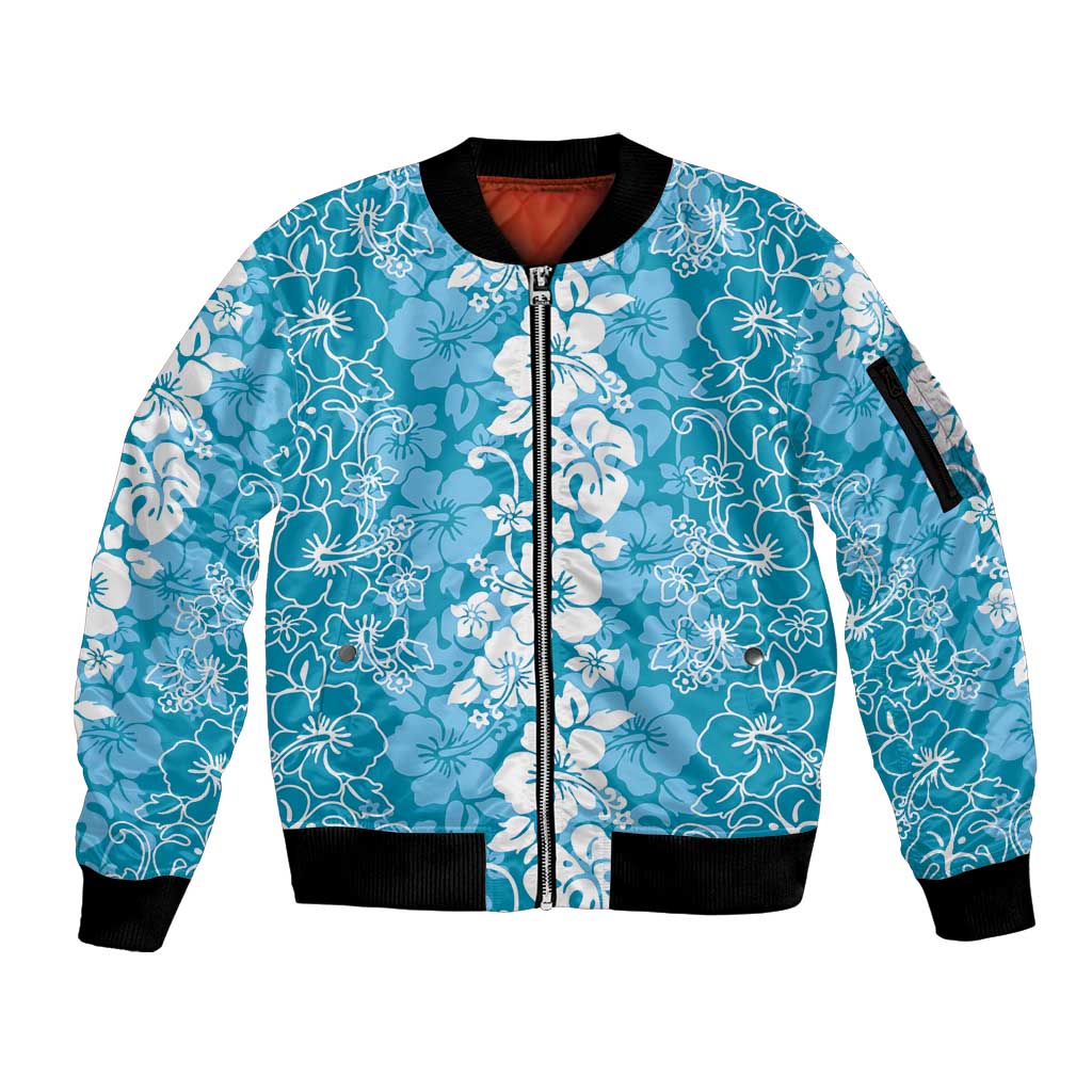 Hawaiian Lei Day Sleeve Zip Bomber Jacket Blue Hibiscus Flowers Lei Art LT9 Unisex Blue - Polynesian Pride