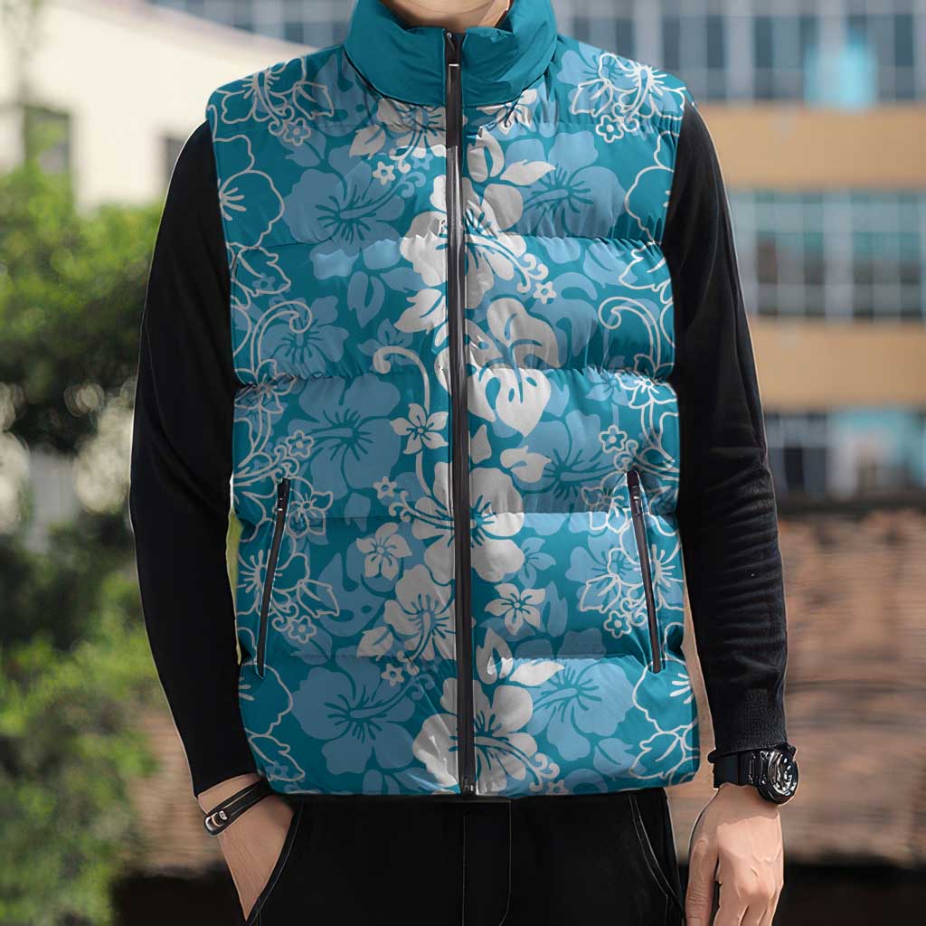Hawaiian Lei Day Sleeveless Puffer Jacket Blue Hibiscus Flowers Lei Art - Polynesian Pride