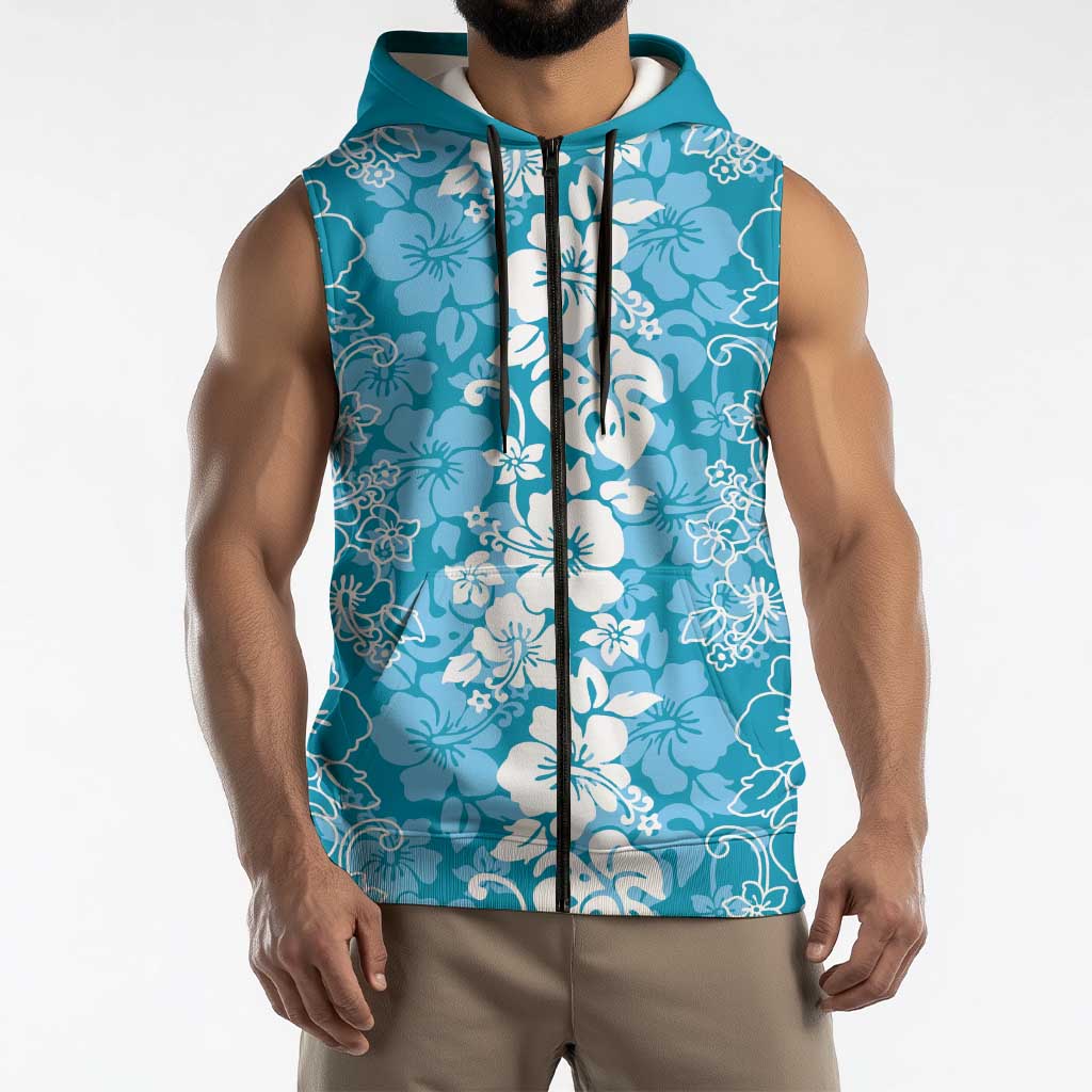 Hawaiian Lei Day Sleeveless Zip Hoodie Blue Hibiscus Flowers Lei Art - Polynesian Pride