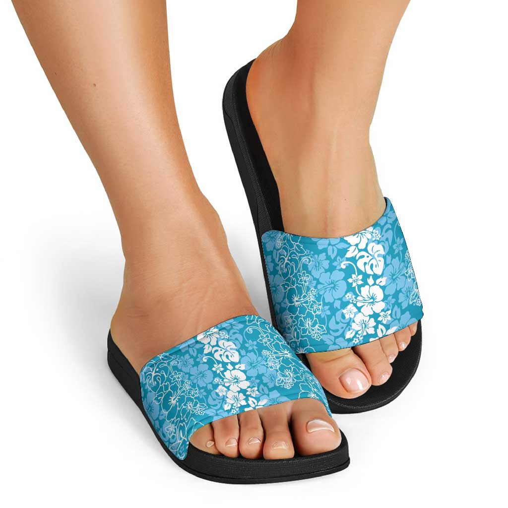 Hawaiian Lei Day Slide Sandals Blue Hibiscus Flowers Lei Art - Polynesian Pride