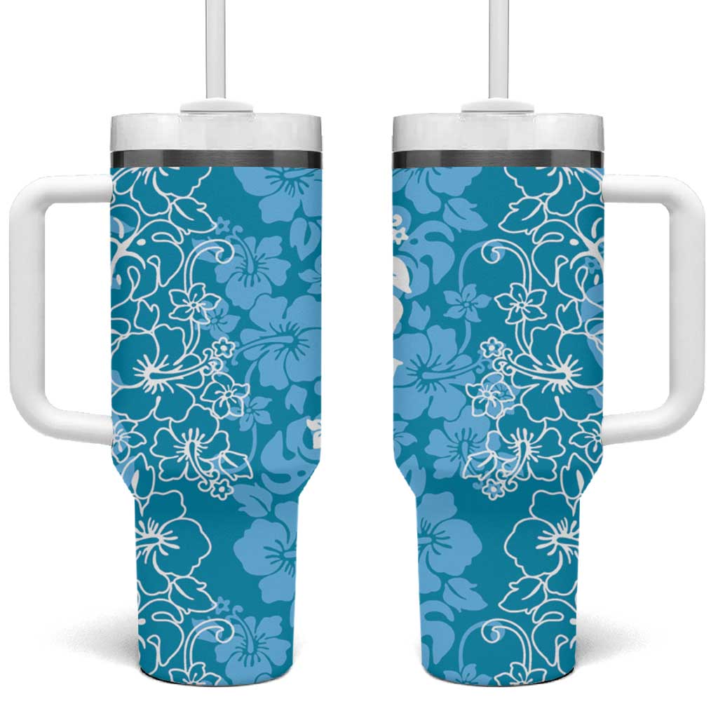 Hawaiian Lei Day Tumbler With Handle Blue Hibiscus Flowers Lei Art LT9 One Size: 40 oz Blue - Polynesian Pride