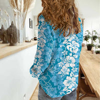 Hawaiian Lei Day Women Casual Shirt Blue Hibiscus Flowers Lei Art