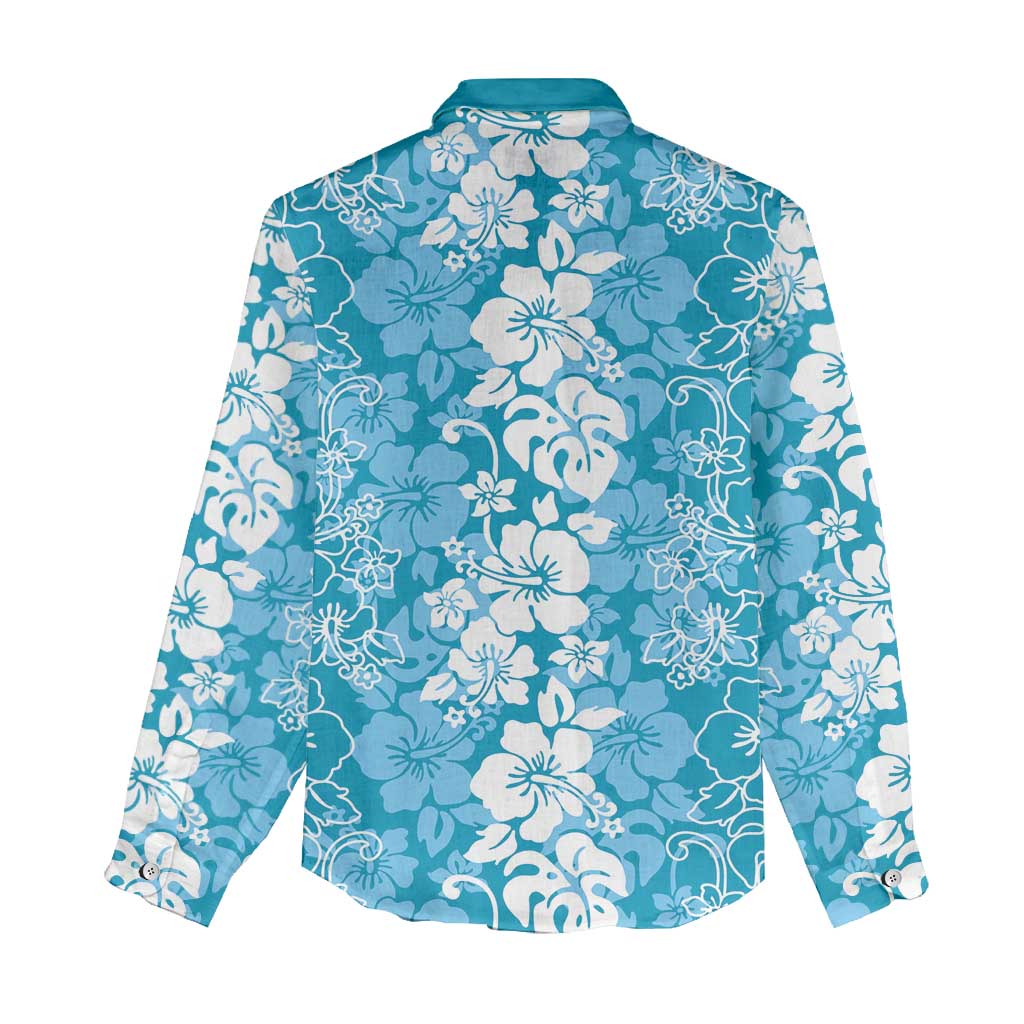 Hawaiian Lei Day Women Casual Shirt Blue Hibiscus Flowers Lei Art