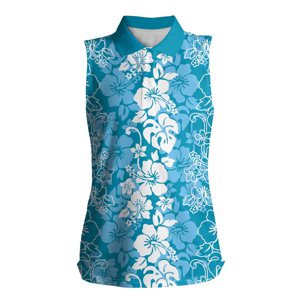 Hawaiian Lei Day Women Sleeveless Polo Shirt Blue Hibiscus Flowers Lei Art