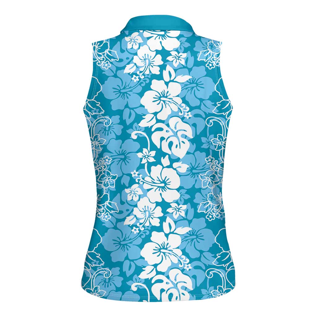 Hawaiian Lei Day Women Sleeveless Polo Shirt Blue Hibiscus Flowers Lei Art