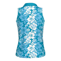 Hawaiian Lei Day Women Sleeveless Polo Shirt Blue Hibiscus Flowers Lei Art