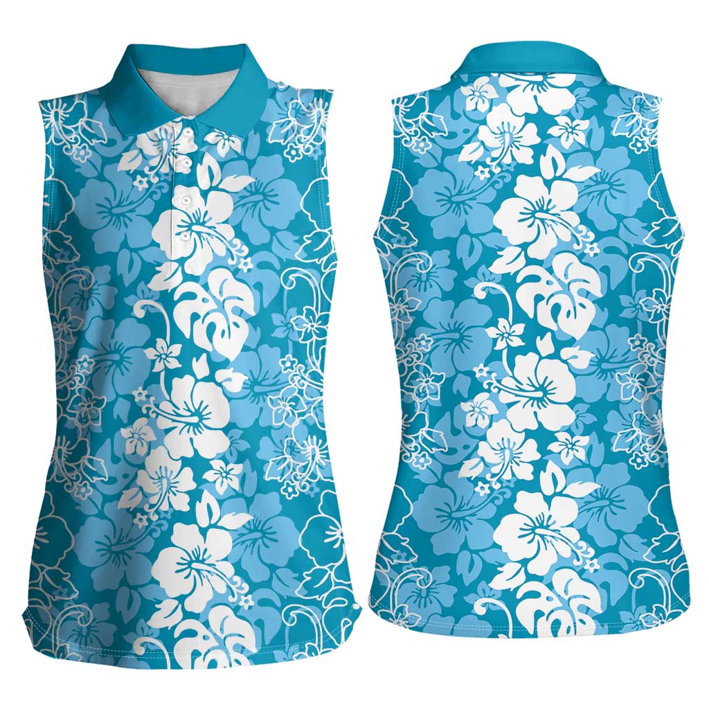 Hawaiian Lei Day Women Sleeveless Polo Shirt Blue Hibiscus Flowers Lei Art