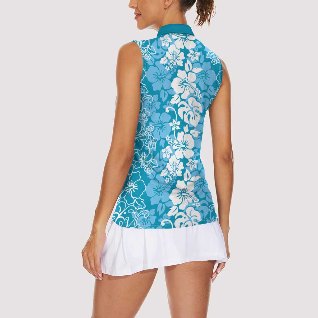 Hawaiian Lei Day Women Sleeveless Polo Shirt Blue Hibiscus Flowers Lei Art