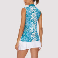 Hawaiian Lei Day Women Sleeveless Polo Shirt Blue Hibiscus Flowers Lei Art