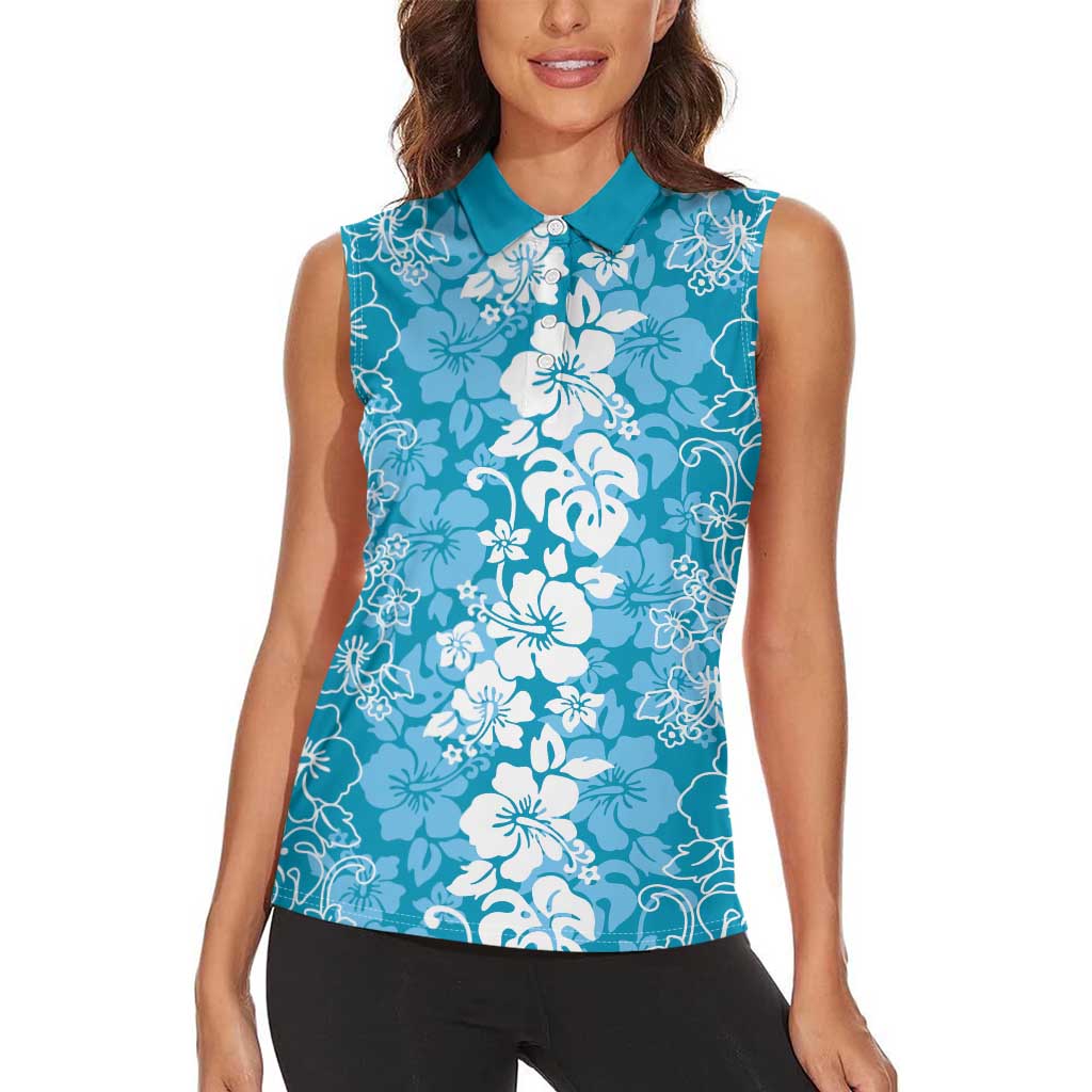 Hawaiian Lei Day Women Sleeveless Polo Shirt Blue Hibiscus Flowers Lei Art