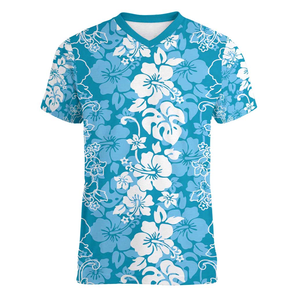 Hawaiian Lei Day Women V-Neck T-Shirt Blue Hibiscus Flowers Lei Art